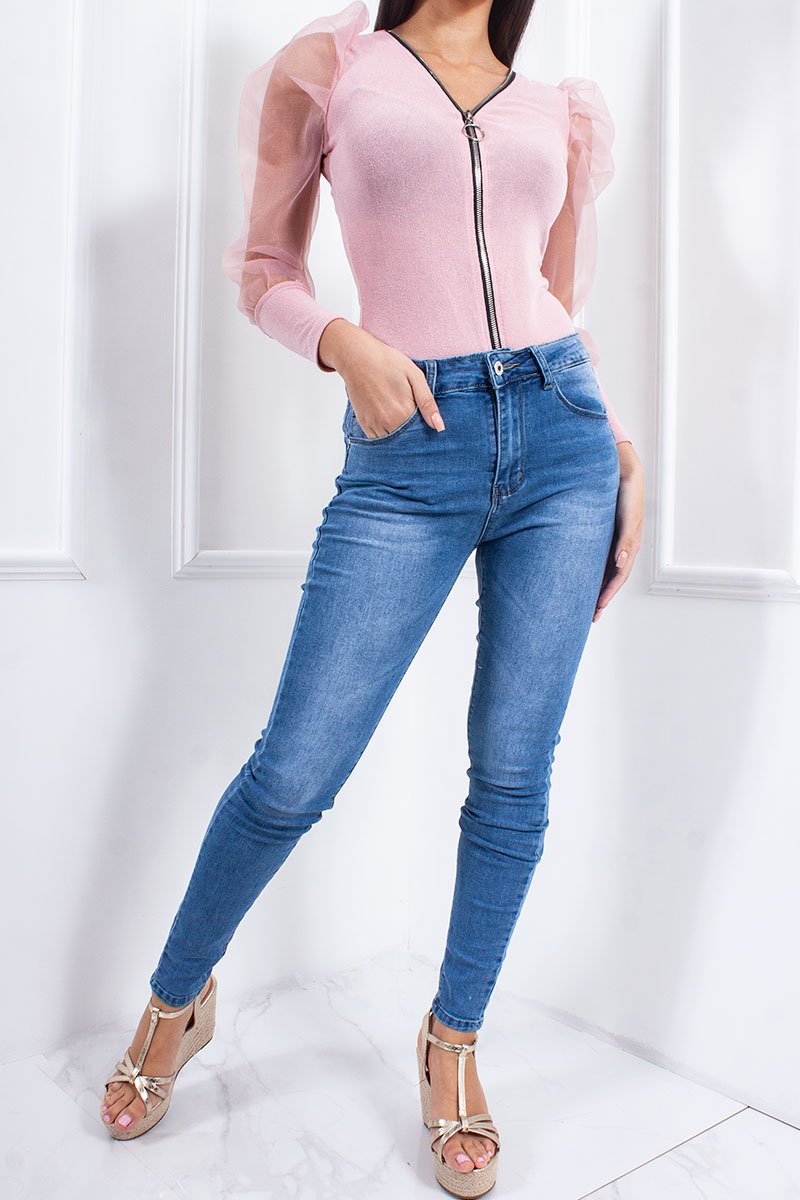 Riley Pale Pink Zip Front Sheer Puff Sleeve Top