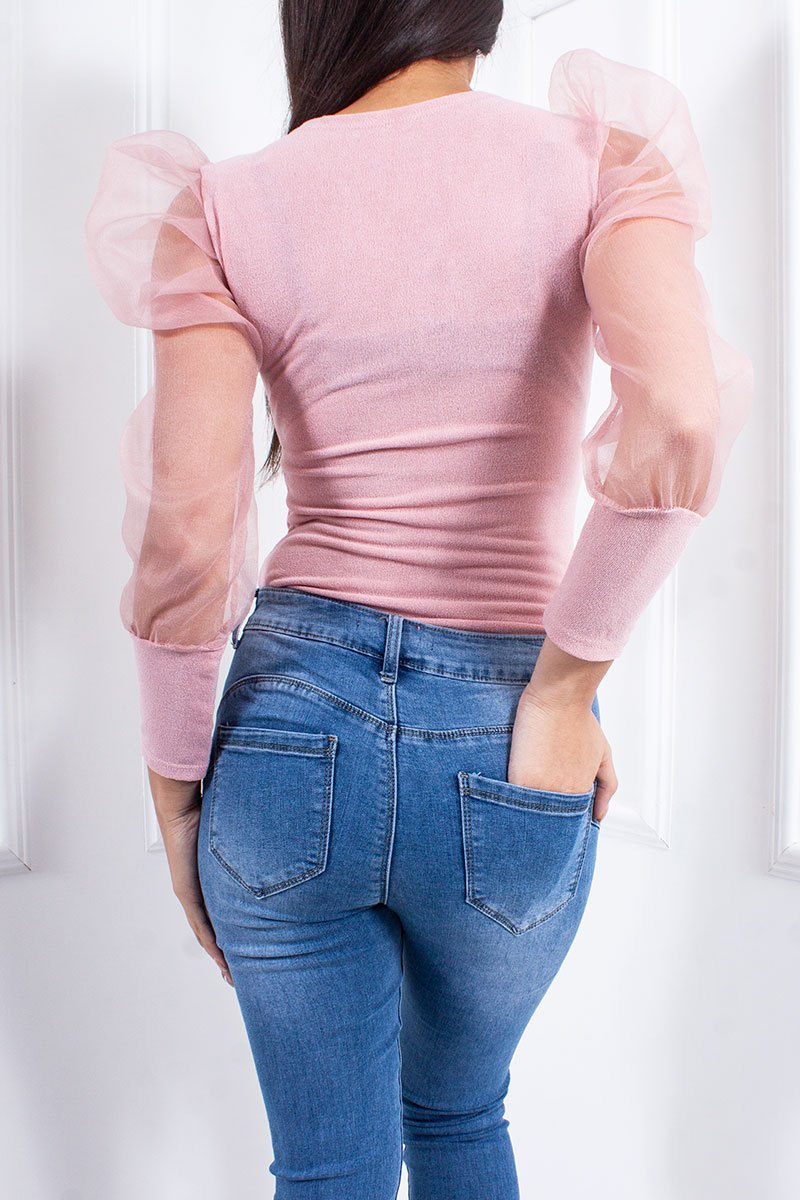 Riley Pale Pink Zip Front Sheer Puff Sleeve Top