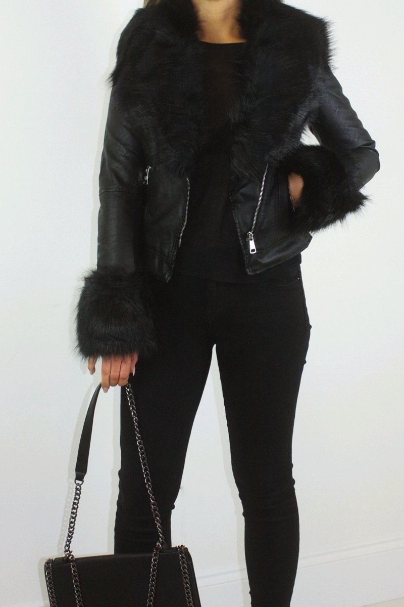 Sasha Black Faux Fur Biker Jacket