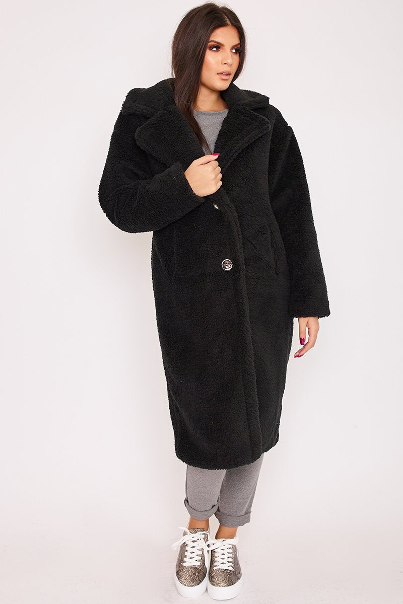 Sia Black Longline Borg Teddy Coat