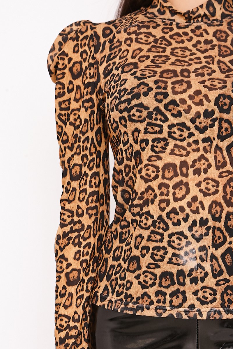 Tina Leopard Print High Neck Puff Sleeve Top