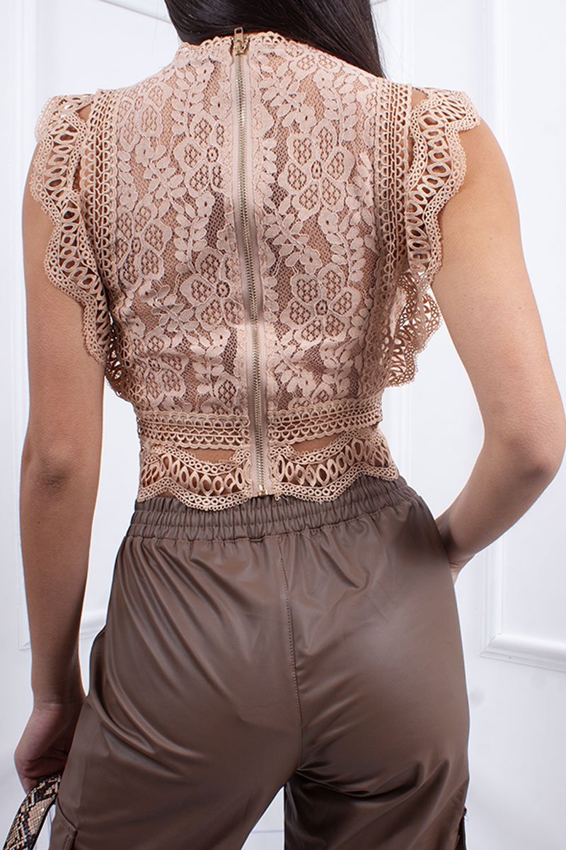 Willow Beige Lace Sheer Cropped Top